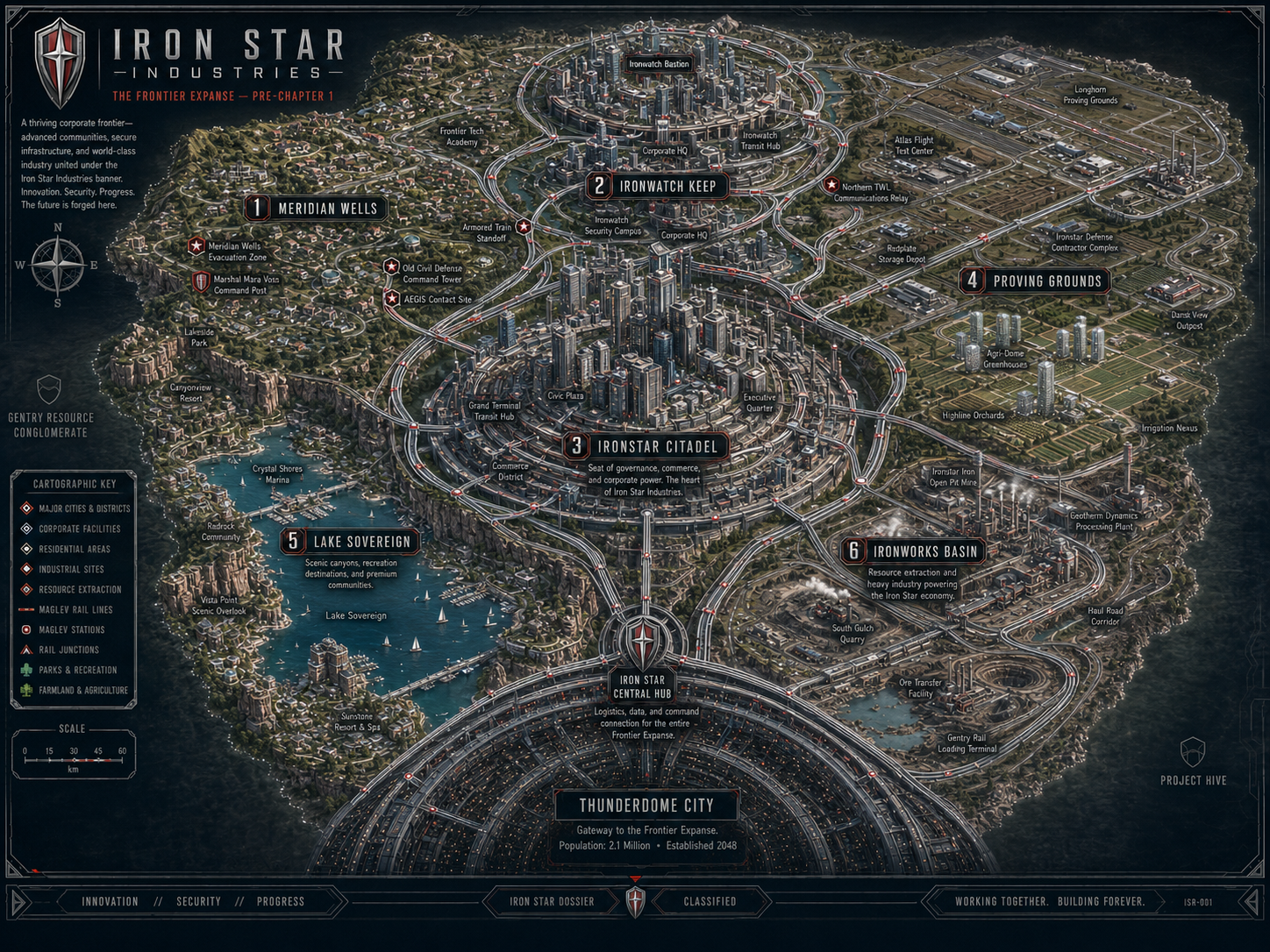 Map of Iron Star Industries corporate territory in the Frontier Expanse, including Meridian Wells, Ironwatch Keep, Ironstar Citadel, Proving Grounds, Lake Sovereign, and Ironworks Basin
