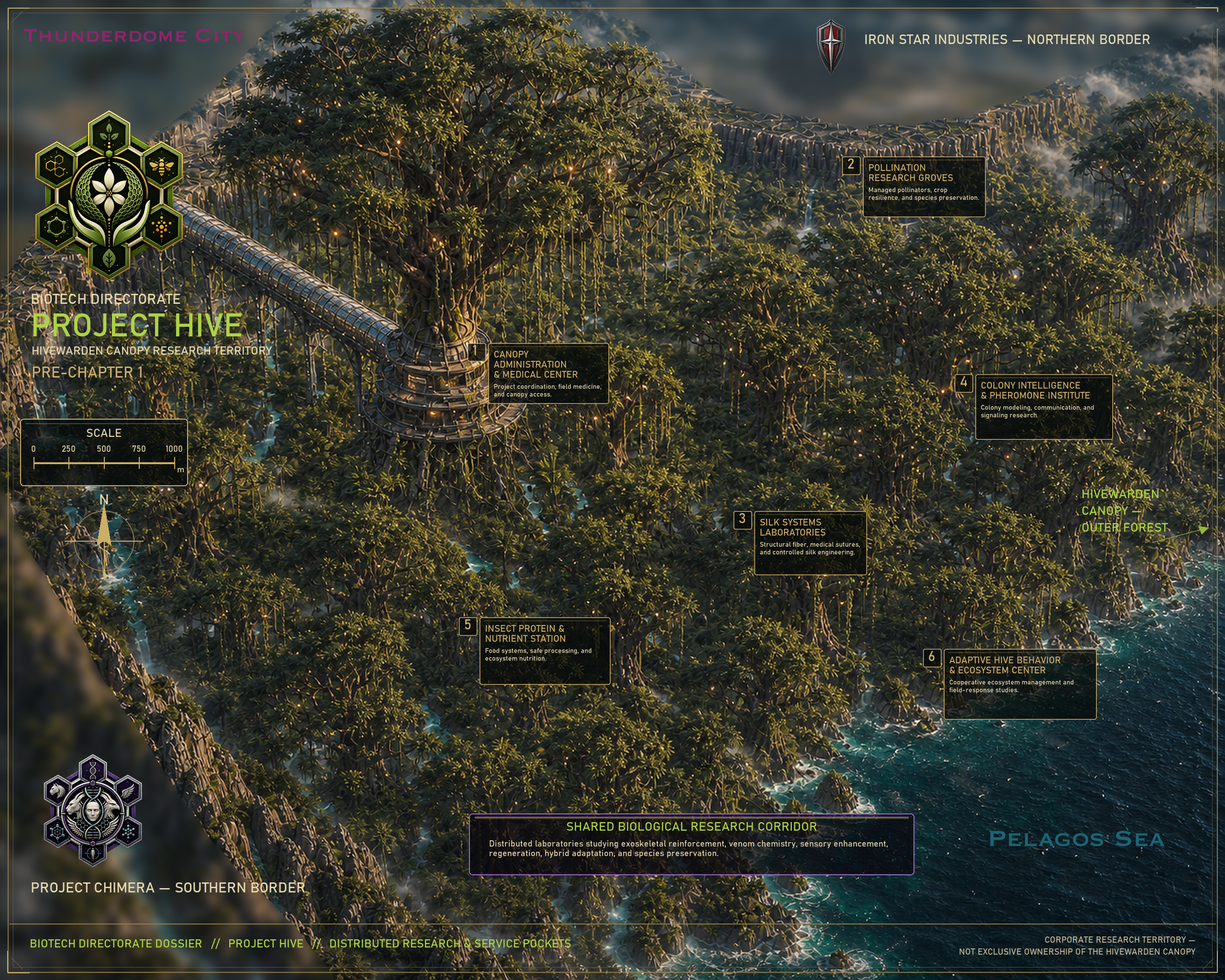 Map of the Project HIVE Hivewarden Canopy research territory and its six principal research facilities
