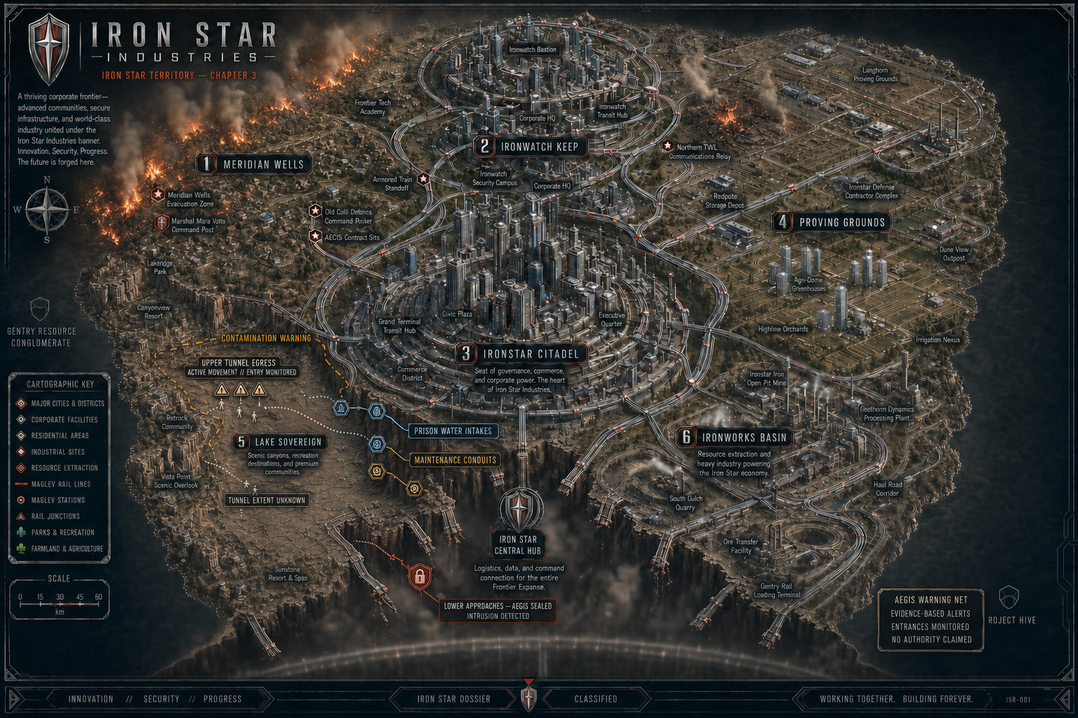 Map of Iron Star territory during Chapter 3, showing Meridian Wells, Ironwatch Keep, Ironstar Citadel, Proving Grounds, Lake Sovereign, Ironworks Basin, evacuation routes, prison water intakes, maintenance conduits, and AEGIS warnings