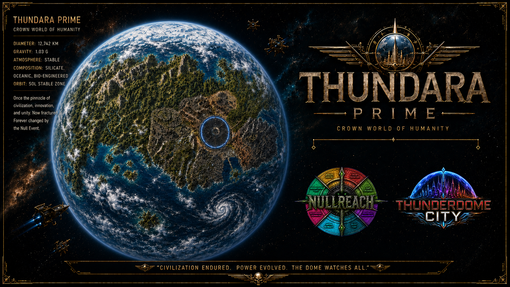 Thundara Prime with the Nullreach and Thunderdome City identity emblems