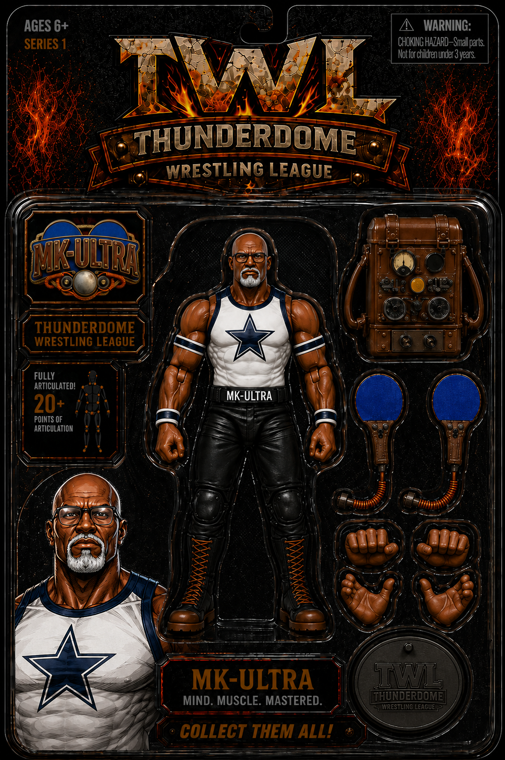 Limited-edition MK-ULTRA action figure with ULTRA-SHOCK accessories in TWL packaging