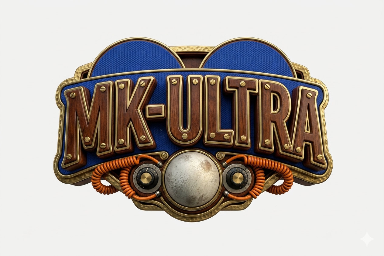 MK-ULTRA electric blue, copper, brass, and wood identity logo
