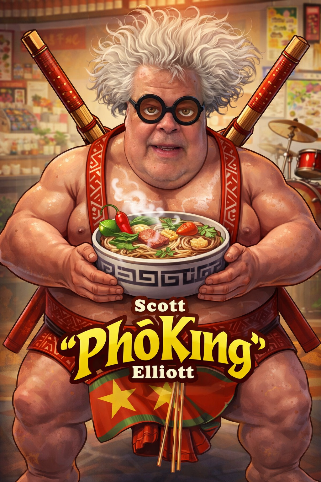 Scott Pho King Elliott holding his signature noodle bowl