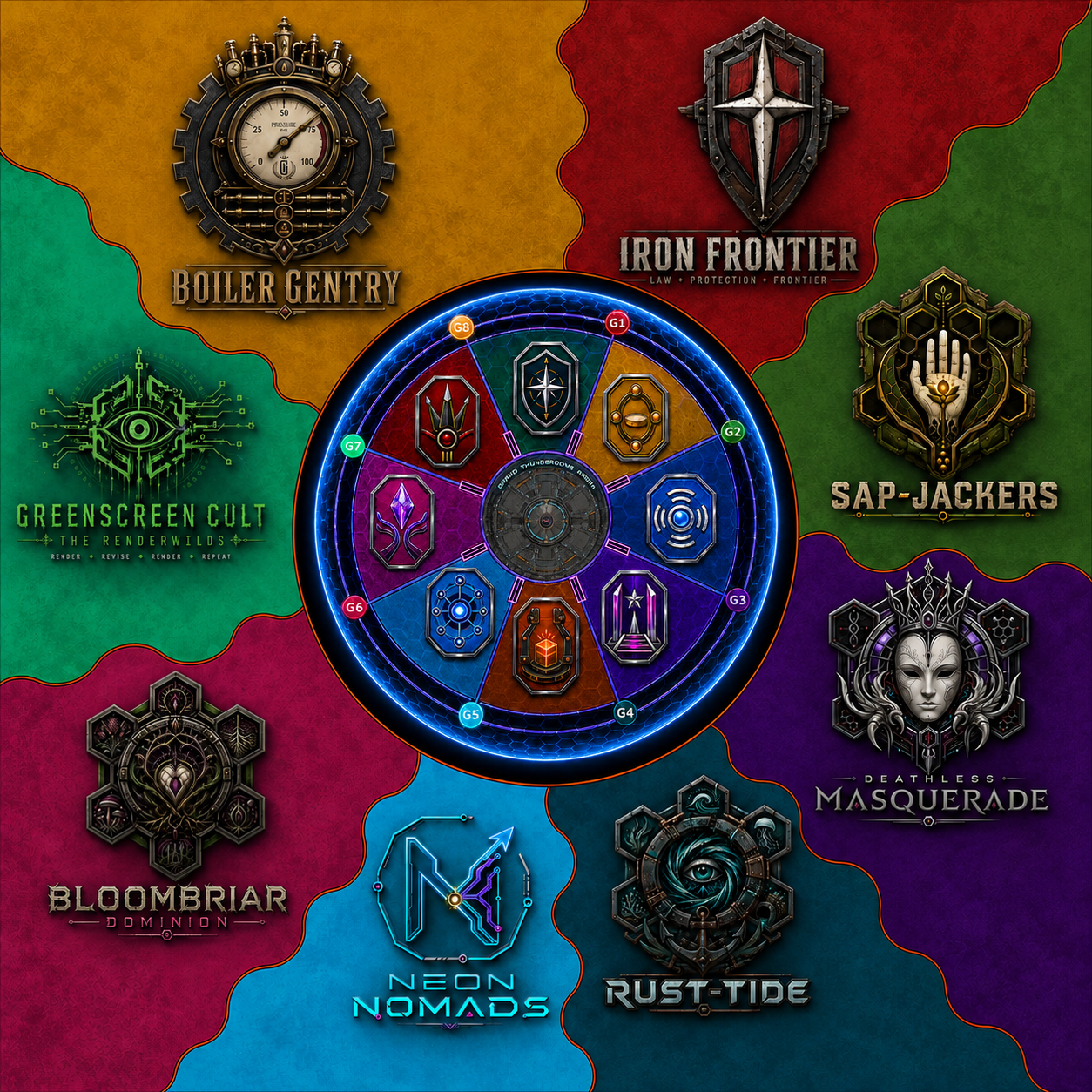 Color-coded proximity reference map showing the eight Nullreach faction territories around Thunderdome City and its eight sectors