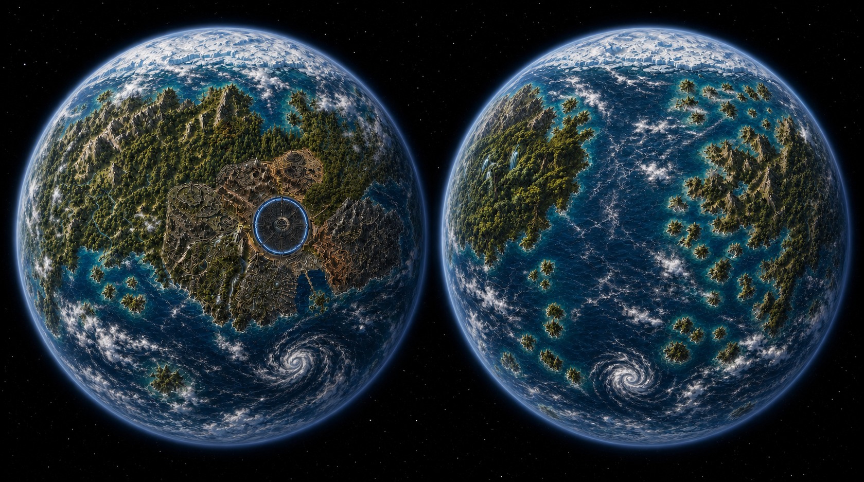 Two globe views of Thundara Prime showing both planetary hemispheres