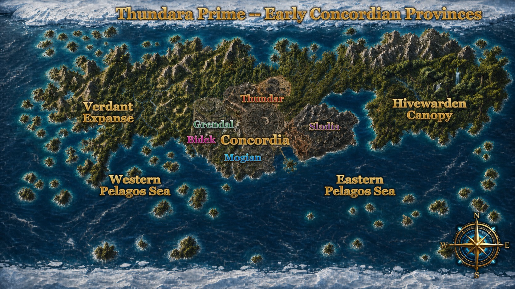 Historical world map of the original Concordia Provinces on Thundara Prime
